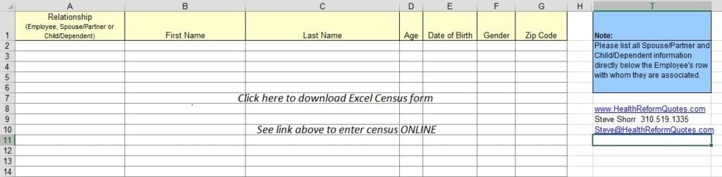 Quotes Employer Health Insurance census template ONLINE instantly