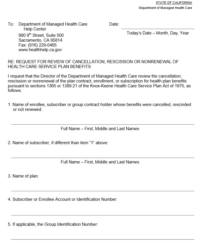 Department of Managed Health Care - Request Review of cancellation or recesions Department of Managed Health Care - Request Review of cancellation or recesions