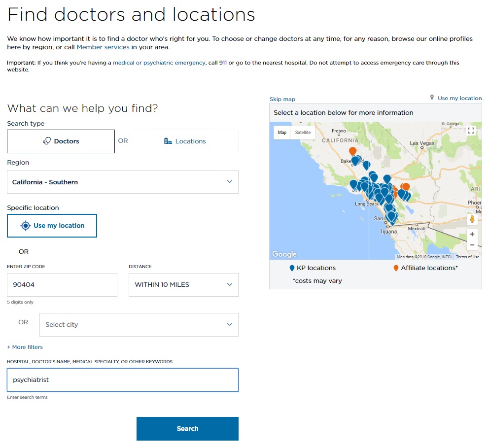 Kaiser MD & Location Search Tool