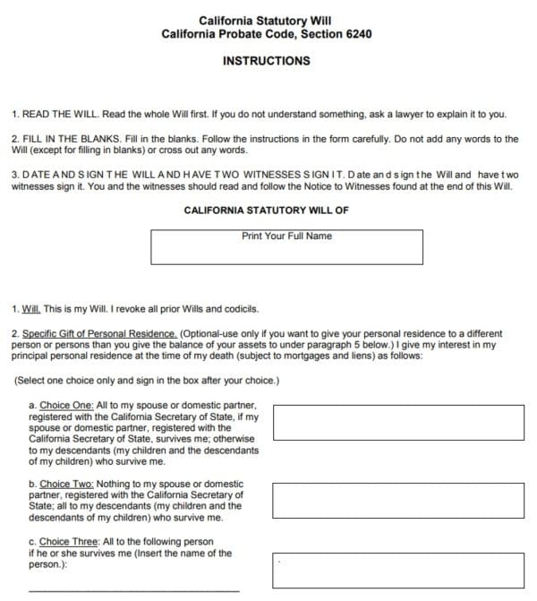 Will California Sample Statutory &amp; Health Care Directive
