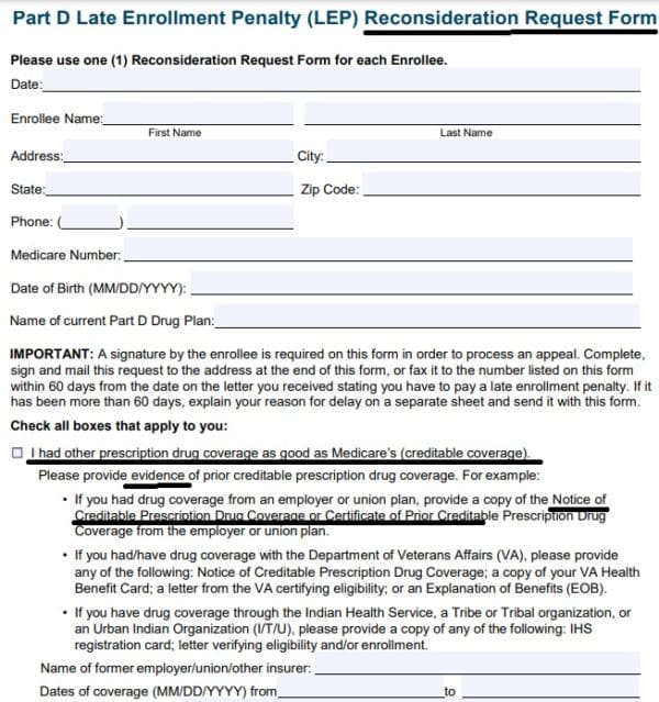 LEP Late Enrollment Penalty Medicare Appeal reconsideration form