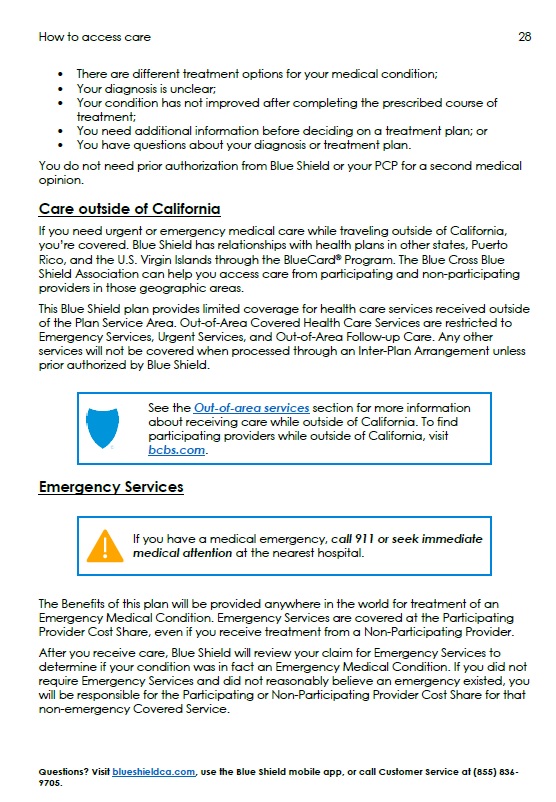 Blue Shield EOC Evidence of Coverage - Out of Area Services