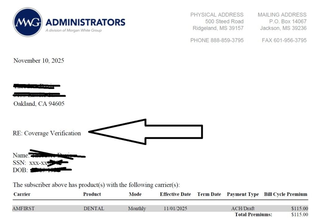 sample proof of insurance to send to benefits cal