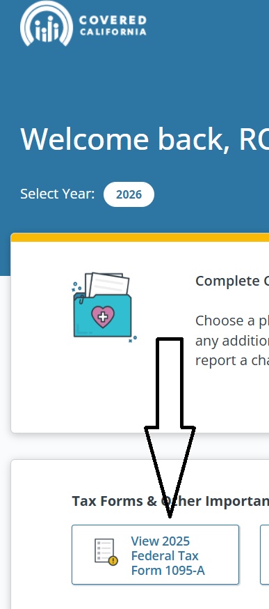 picture of where in Covered CA portal the 1095 a form is